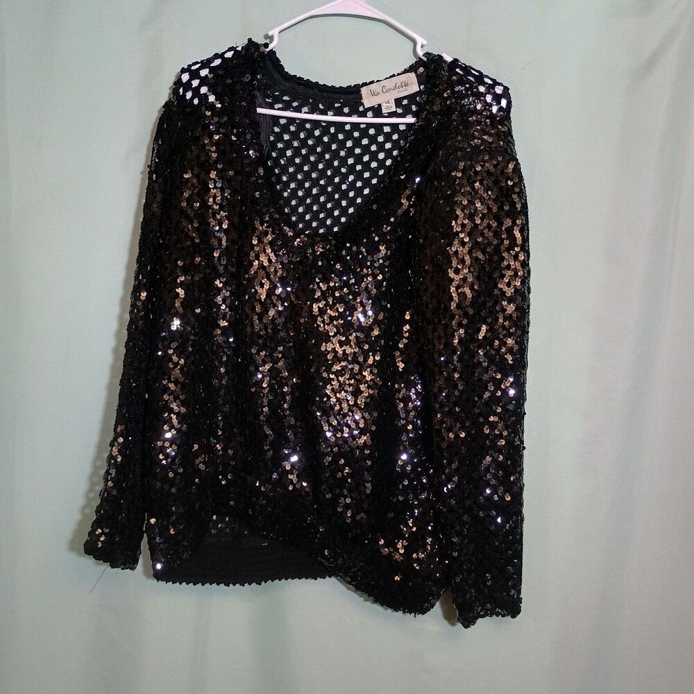 Womenโs Black Sequin Crochet Knit Sweater โ V-Neck Long Sleeve Sparkle Top